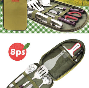 Camp Kitchen Utensil Organizer Travel Set - Portable 8 Piece BBQ Camping Cookware Utensils Travel Kit