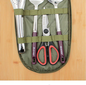 Camp Kitchen Utensil Organizer Travel Set - Portable 8 Piece BBQ Camping Cookware Utensils Travel Kit