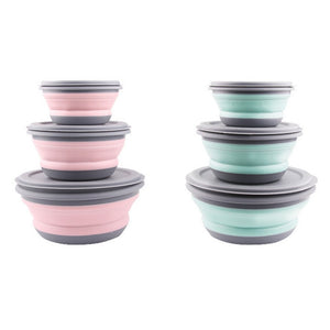 3PCs Outdoor Camping Tableware Sets Silicone Folding Lunch Box Portable Silicone Salad Bowl With Lid Silica Gel