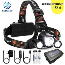 Load image into Gallery viewer, Super bright LED headlamp 3xT6 led headlight Waterproof fishing lamp 4 lighting modes camping lamp use 18650 battery
