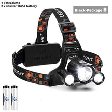 Load image into Gallery viewer, Super bright LED headlamp 3xT6 led headlight Waterproof fishing lamp 4 lighting modes camping lamp use 18650 battery
