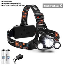 Load image into Gallery viewer, Super bright LED headlamp 3xT6 led headlight Waterproof fishing lamp 4 lighting modes camping lamp use 18650 battery
