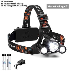 Super bright LED headlamp 3xT6 led headlight Waterproof fishing lamp 4 lighting modes camping lamp use 18650 battery