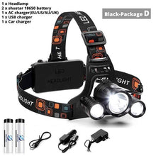 Load image into Gallery viewer, Super bright LED headlamp 3xT6 led headlight Waterproof fishing lamp 4 lighting modes camping lamp use 18650 battery
