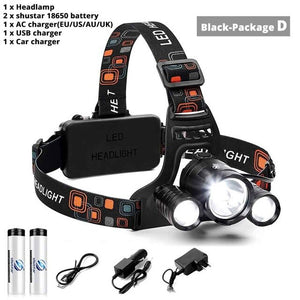 Super bright LED headlamp 3xT6 led headlight Waterproof fishing lamp 4 lighting modes camping lamp use 18650 battery