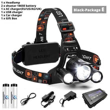 Load image into Gallery viewer, Super bright LED headlamp 3xT6 led headlight Waterproof fishing lamp 4 lighting modes camping lamp use 18650 battery
