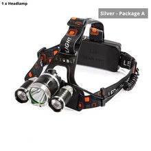 Load image into Gallery viewer, Super bright LED headlamp 3xT6 led headlight Waterproof fishing lamp 4 lighting modes camping lamp use 18650 battery
