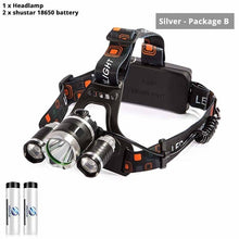 Load image into Gallery viewer, Super bright LED headlamp 3xT6 led headlight Waterproof fishing lamp 4 lighting modes camping lamp use 18650 battery
