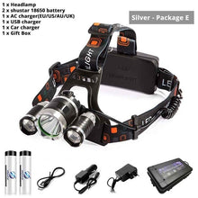 Load image into Gallery viewer, Super bright LED headlamp 3xT6 led headlight Waterproof fishing lamp 4 lighting modes camping lamp use 18650 battery
