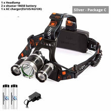 Load image into Gallery viewer, Super bright LED headlamp 3xT6 led headlight Waterproof fishing lamp 4 lighting modes camping lamp use 18650 battery
