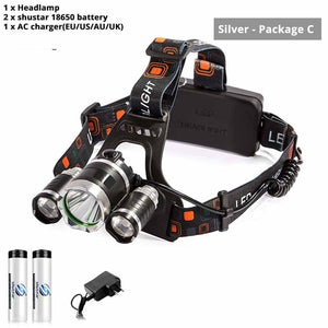 Super bright LED headlamp 3xT6 led headlight Waterproof fishing lamp 4 lighting modes camping lamp use 18650 battery