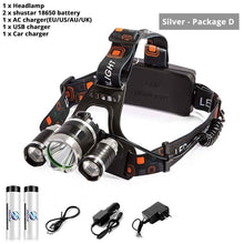 Load image into Gallery viewer, Super bright LED headlamp 3xT6 led headlight Waterproof fishing lamp 4 lighting modes camping lamp use 18650 battery
