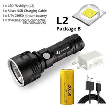 Load image into Gallery viewer, Ultra Bright LED Flashlight With 4 CoreP70.2 Lamp bead 3 Lighting modes waterproof camping huting light Powered by 26650 battery
