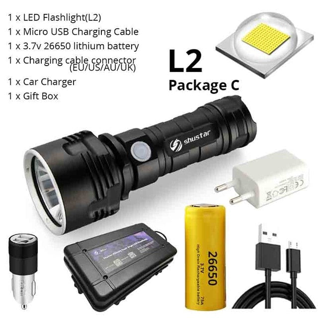 Ultra Bright LED Flashlight With 4 CoreP70.2 Lamp bead 3 Lighting modes waterproof camping huting light Powered by 26650 battery