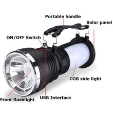 Load image into Gallery viewer, Solar Power USB Rechargeable LED Flashlight Super Bright Camping Tent Light Emergency Lantern Lamp For Hiking Travel
