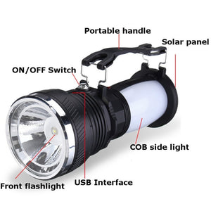 Solar Power USB Rechargeable LED Flashlight Super Bright Camping Tent Light Emergency Lantern Lamp For Hiking Travel