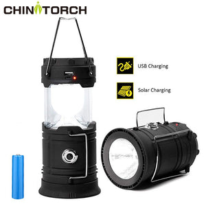 LED Camping Lantern Solar Powered Outdoor Camp Tent Lamp USB Rechargeable Collapsible Emergency Light Built-in Battery Hang Lamp