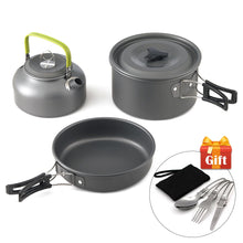 Load image into Gallery viewer, Ultra-light Aluminum Alloy Camping Cookware Utensils Outdoor Cooking Teapot Picnic Tableware Kettle Pot Frying Pan 3pcs/Set
