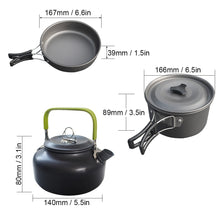 Load image into Gallery viewer, Ultra-light Aluminum Alloy Camping Cookware Utensils Outdoor Cooking Teapot Picnic Tableware Kettle Pot Frying Pan 3pcs/Set
