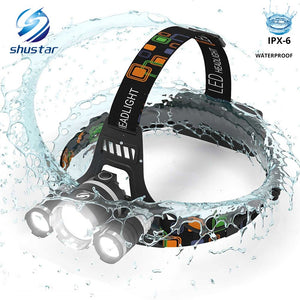 High power LED Headlamp 3 xT6 LED Headlight waterproof 4 lighting modes fishing lamp use 2 x 18650 batteries