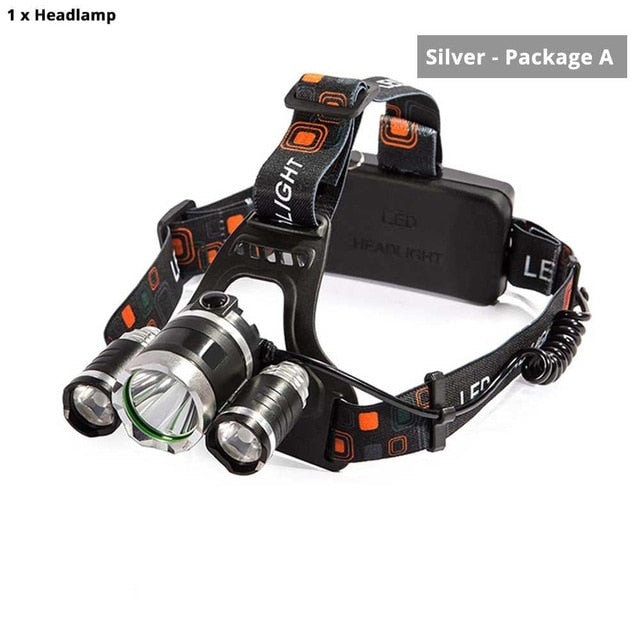 High power LED Headlamp 3 xT6 LED Headlight waterproof 4 lighting modes fishing lamp use 2 x 18650 batteries