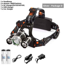 Load image into Gallery viewer, High power LED Headlamp 3 xT6 LED Headlight waterproof 4 lighting modes fishing lamp use 2 x 18650 batteries
