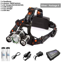 Load image into Gallery viewer, High power LED Headlamp 3 xT6 LED Headlight waterproof 4 lighting modes fishing lamp use 2 x 18650 batteries
