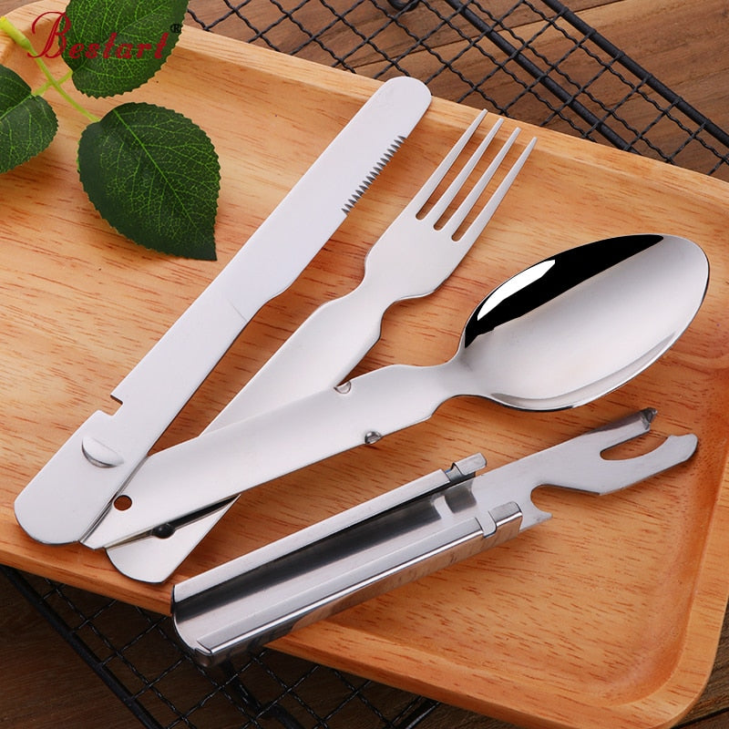 Cheap 4 PCS Camping Set Outdoor in Hiking & Travel picnic BBQ Stainless steel Tableware set with Bottle Opener Free Shipping